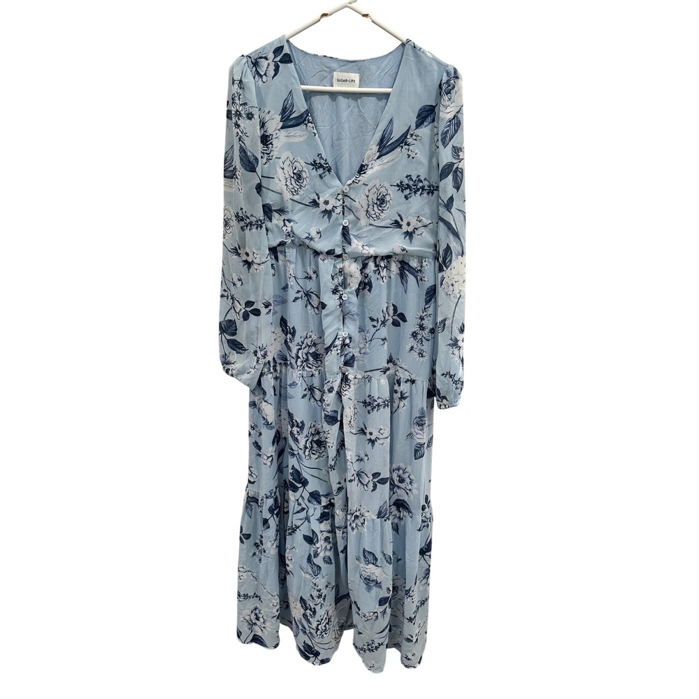 Sugar Lips Blue Floral V-Neck Tiered Maxi Dress Long Sleeve STD1260S Womens M